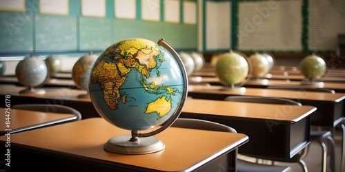 Empty classroom with maps globes and academic decorations for geography class. Concept Geography Classroom Decor, Academic Setting, Map & Globe Props, School Interior Design