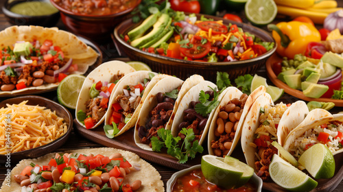 A vibrant photo showcases tacos and burritos filled with fresh ingredients. The colorful fillings and blurred festive background enhance the visual appeal of this delicious Mexican meal
