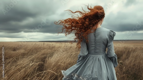 Red-haired woman in vintage dress stands in windy field under stormy sky, evoking a scene of solitude and nature.