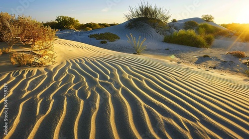 The image shows a beautiful desert landscape with sand dunes and sparse vegetation.