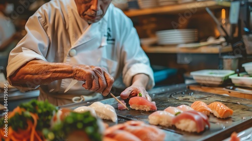 A sushi chef is preparing a plate of sushi. He is using a knife to cut the fish and is using chopsticks to place the fish on the rice.