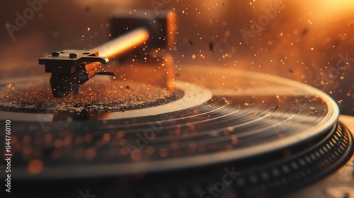 Retro turntable playing a vinyl record with dust particles floating in the air. Warm golden light.