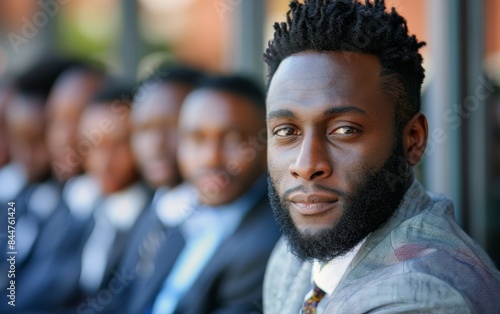 A man with a beard and a suit is sitting in a row with other men. The man is looking at the camera