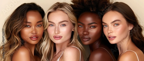 Diverse beauty portrait of four women. Different skin tones and hair types, showcasing natural beauty and inclusivity.