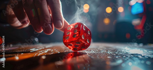 Hand rolling a red die on a table, with smoke and colorful bokeh in the background, creating an atmospheric and captivating scene.