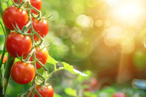 Ripe red cherry tomatoes on a vine, bathed in warm sunlight, against a lush green background.