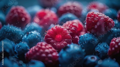 Fresh raspberries and blueberries in a detailed close up shot