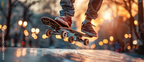 Skateboarder performing a trick in an urban skate park.