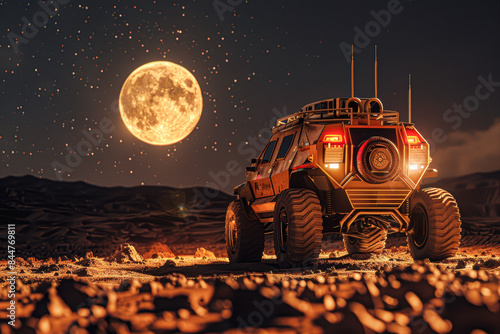 Futuristic Modified SUVs on Mars at Night with Moonlit Landscape Exploration and Technology Concept