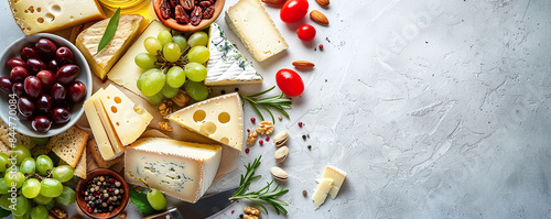 Various types of cheese set. Cheese platter with variety of cheese, grapes, nuts, cheese knife and spices