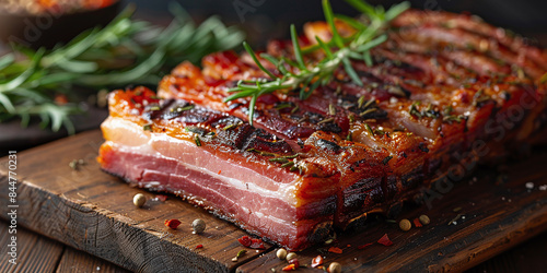 Delicious artisanal whole smoked slab bacon closeup on the wooden board on the table