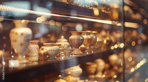 In this defocused background image rows of ancient artifact exhibits can be seen through the glistening lights of a glass display case. Faint reflections of visitors admiring the delicate .