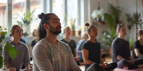 An Arab man with a ponytail meditates during yoga classes. He is surrounded by other yoga class participants of varying ages, genders and races. The yoga practitioner looks calm and relaxed.