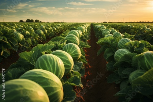 Golden sunlight bathes a vibrant field of cabbage crops