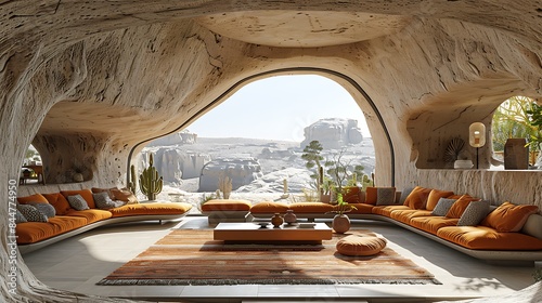 A modern and stylish interior design seamlessly integrates with a natural cave structure, offering a serene desert view. 