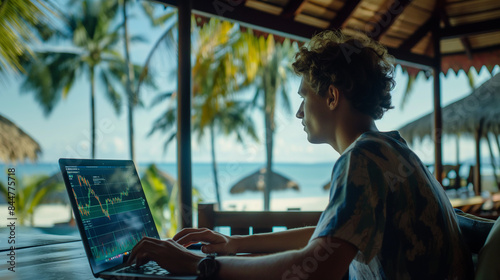 Stock market or forex trading graph and candlestick chart suitable for financial investment concept. A freelancer looks at a forex chart on a laptop screen at a resort