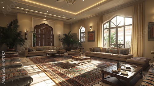 Iraqi living room. Iraq. Elegant and spacious living room interior with traditional furniture and decor illuminated by natural light.