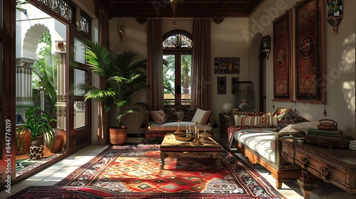 Libyan living room. Libya. Elegant and traditional interior design of a living room with natural sunlight casting shadows, creating a warm and inviting space. 