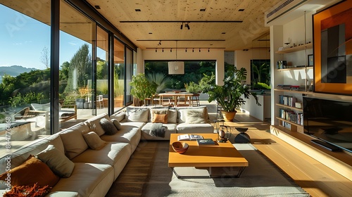 New Zealand living room. New Zealand. Modern living room with expansive windows offering a view of nature and filled with stylish furnishings and plant decorations. 