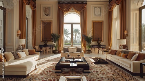Qatari living room. Qatar. Luxurious and opulent living room interior with elegant furniture and grand windows overlooking a garden. 