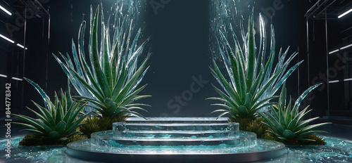 A stone pedestal with decorations in the form of scarlet leaves on the edges and splashes of water, a stage for advertising products