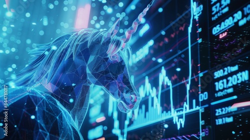 Blue glowing polygon mesh unicorn is standing in front of stock market charts
