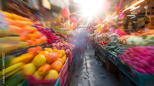 As the sun rises behind the colorful stalls and rows of produce the bustling energy of the morning market is blurred into a beautiful and chaotic blur. .