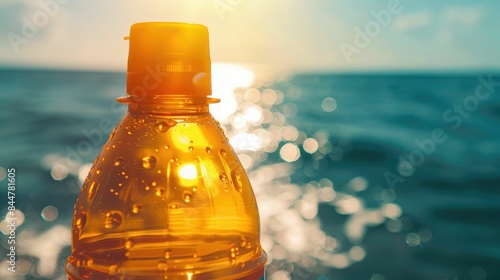 A bottle of orange juice splashes into the ocean, blending with the water and sky. The fluid travels towards the horizon, creating a natural art in the landscape AIG50