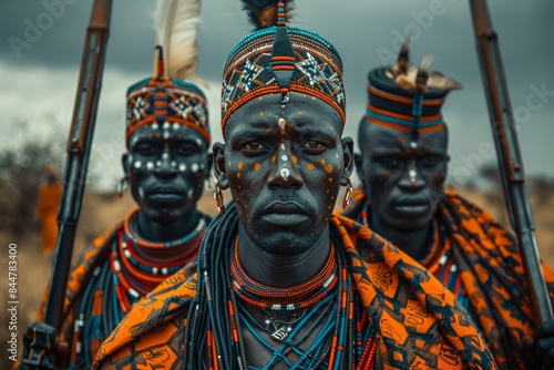 three men with tribal headdresses and tribal paint on their faces