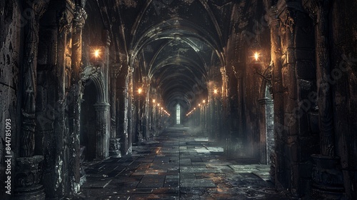 Enchanted Medieval Corridor with Gothic Arches and Candlelit Ambiance in an Ancient Stone Castle Interior