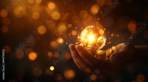 Hand holding glowing stack bitcoins could symbolize power value decentralized currency, opportunity blockchain future