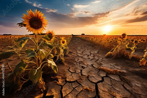 Drying sunflowers in a field during a drought. Cracked earth.