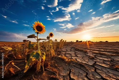 Drying sunflowers in a field during a drought. Cracked earth.