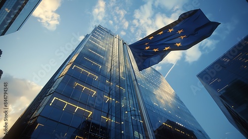 A tall skyscraper with a European Union flag flying from the top. The building's facade is made of glass.