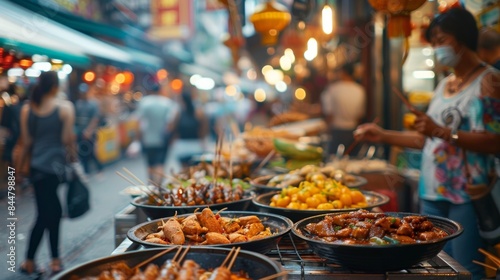 Muted backdrop of blurry storefronts and passerby highlighting the street food feast in foreground an enticing mix of textures aromas and cultures. .