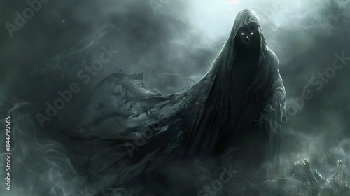 Shrouded Wraith Stalking Its Prey with Intense Predatory Gaze Under Cinematic Lighting