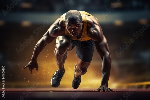 A sprinter launching off the starting blocks, muscles tense and ready for the race selective focus, theme of speed, vibrant, dynamic, blend mode, track and field backdrop