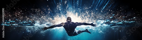 Olympic swimmer diving into the pool at the start of a race, water splashing everywhere close up, focus on agility, dynamic, silhouette, Olympic pool backdrop