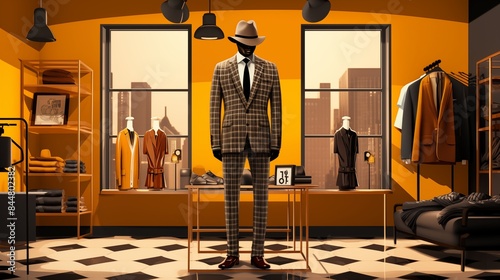 illustration of mannequin dressed in a checkered tailored suit displayed in a sophisticated menswear store with various clothing items.