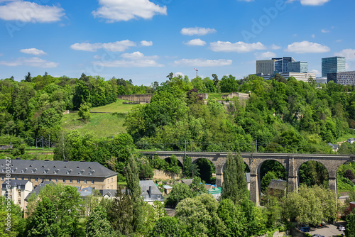 Beautiful panoramic view of Old town and Kirchberg district in North-eastern Luxembourg City. Grand Duchy of Luxembourg.