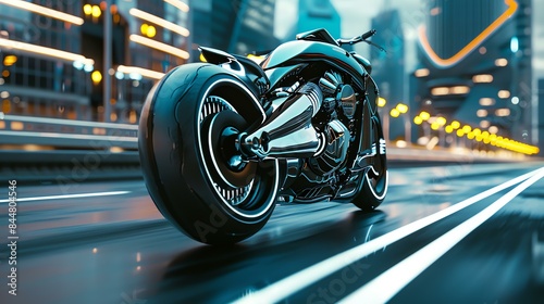 Futuristic black motorcycle speeding through a dark city.