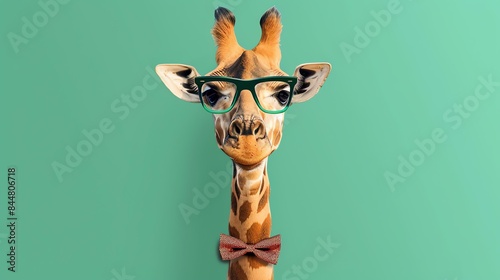 A giraffe wearing horn-rimmed glasses and a bow tie on a green background. The giraffe is looking at the camera with a serious expression.