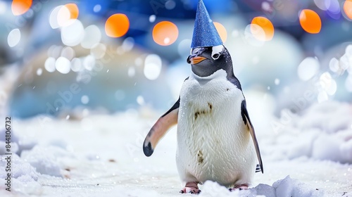 A cute penguin wearing a blue party hat stands on the ice in front of a snowy background.