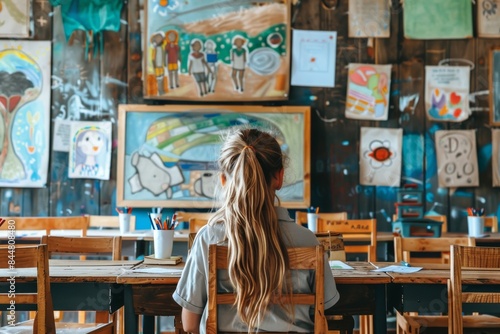 Classroom Preparation for a New School Year: Teacher Arranging Desks and Decorating with Educational Posters