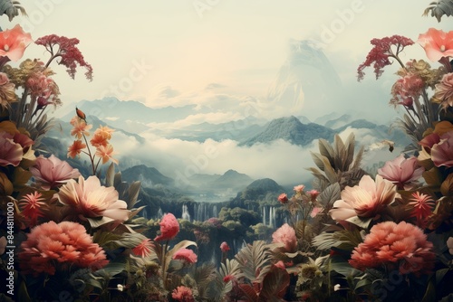 Dreamlike scenery with vibrant flowers framing a misty mountain valley
