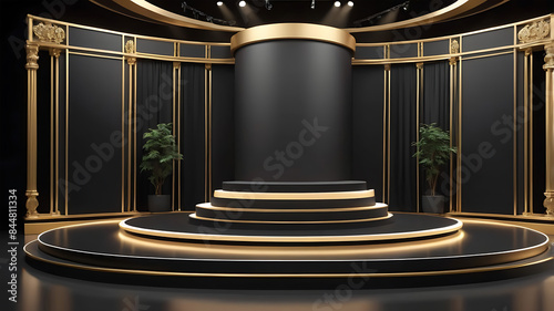 Product display exhibition modern stage design podium black stage, neon frame, and white display