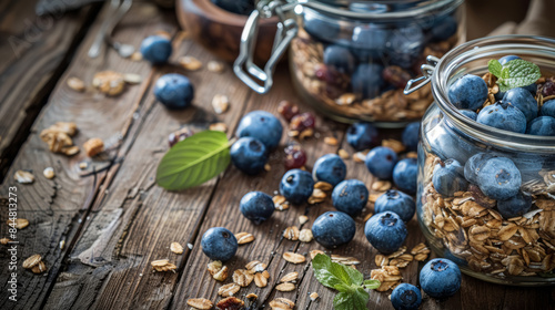 Organic wholegrain muesli and blueberries in glass jars. Healthy eating concept.