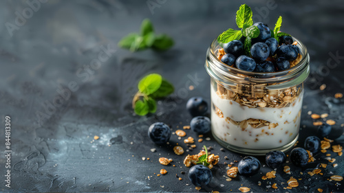 Organic Greek plain yogurt with muesli and blueberries in a glass jar garnished with a sprig of mint. 