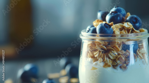 Organic Greek plain yogurt with wholegrain muesli and blueberries in a glass jar. Healthy food and eating concept.