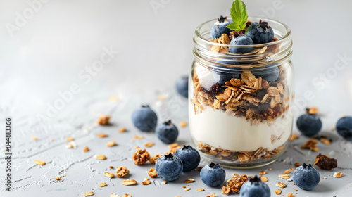 Organic Greek plain yogurt with muesli and blueberries in a glass jar, a sprig of mint for garnish. Healthy food and eating concept.
